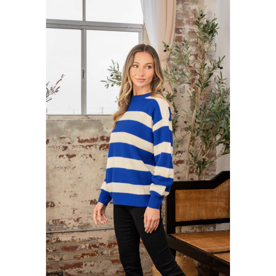 Sew In Love Full Size Contrast Striped Round Neck Sweater Apparel and Accessories