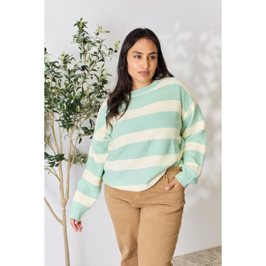 Sew In Love Full Size Contrast Striped Round Neck Sweater Apparel and Accessories