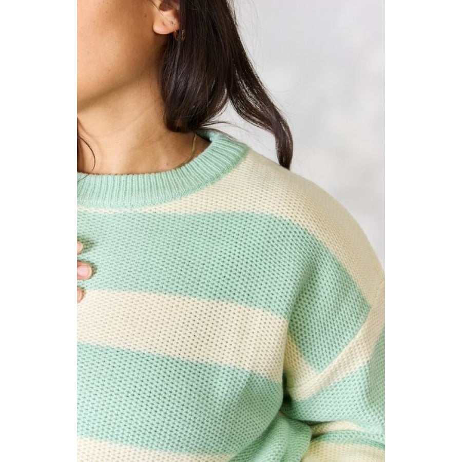 Sew In Love Full Size Contrast Striped Round Neck Sweater Apparel and Accessories