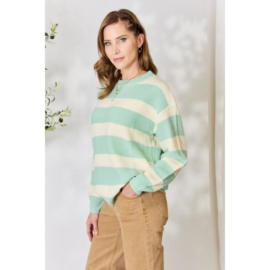 Sew In Love Full Size Contrast Striped Round Neck Sweater Apparel and Accessories