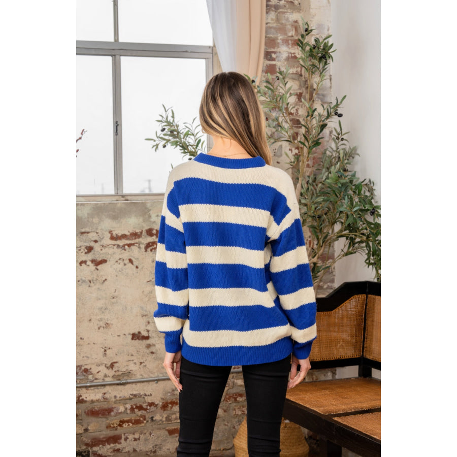 Sew In Love Full Size Contrast Striped Round Neck Sweater Apparel and Accessories