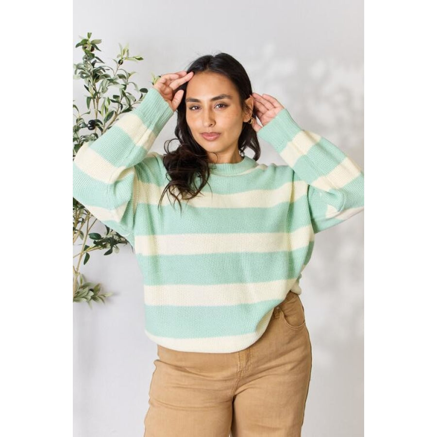 Sew In Love Full Size Contrast Striped Round Neck Sweater Apparel and Accessories