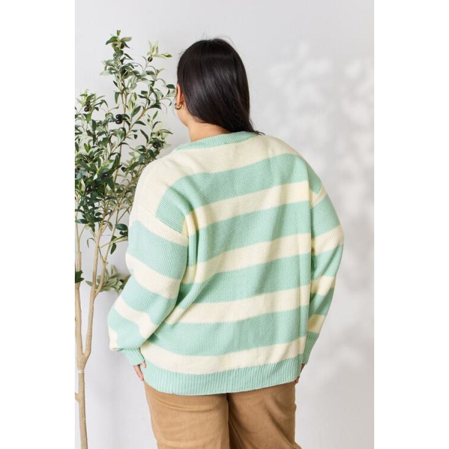 Sew In Love Full Size Contrast Striped Round Neck Sweater Apparel and Accessories