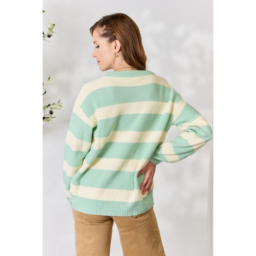 Sew In Love Full Size Contrast Striped Round Neck Sweater Sage/Ivory / S Apparel and Accessories