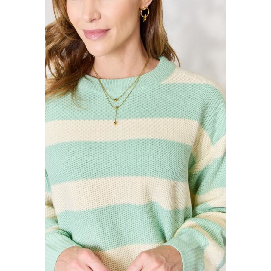 Sew In Love Full Size Contrast Striped Round Neck Sweater Apparel and Accessories