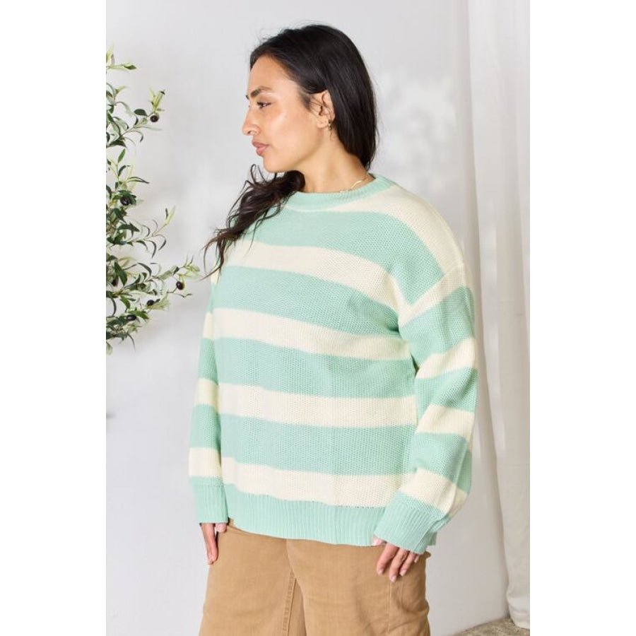 Sew In Love Full Size Contrast Striped Round Neck Sweater Apparel and Accessories