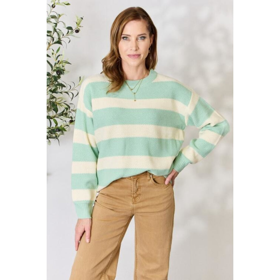 Sew In Love Full Size Contrast Striped Round Neck Sweater Sage/Ivory / S Apparel and Accessories