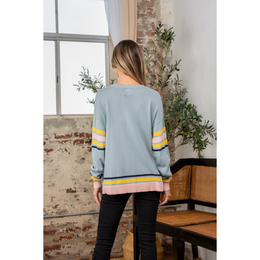 Sew In Love Full Size Contrast Stripes Long Sleeve Sweater Lt. Blue / S Apparel and Accessories