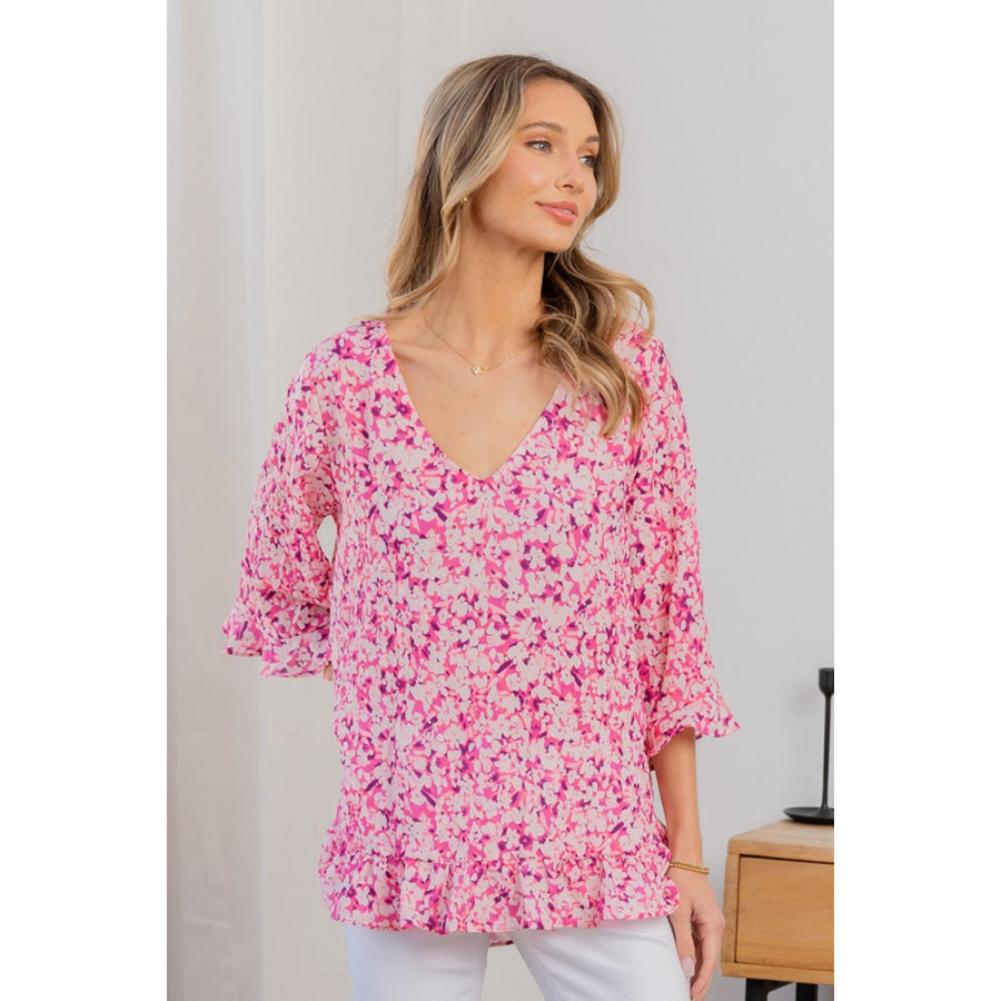 Sew In Love Full Size Floral V - Neck Flounce Sleeve Top Pink/Coral / S Apparel and Accessories