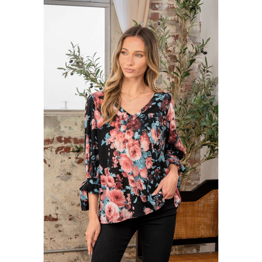 Sew In Love Full Size Floral V-Neck Top with Sleeve Knot Apparel and Accessories