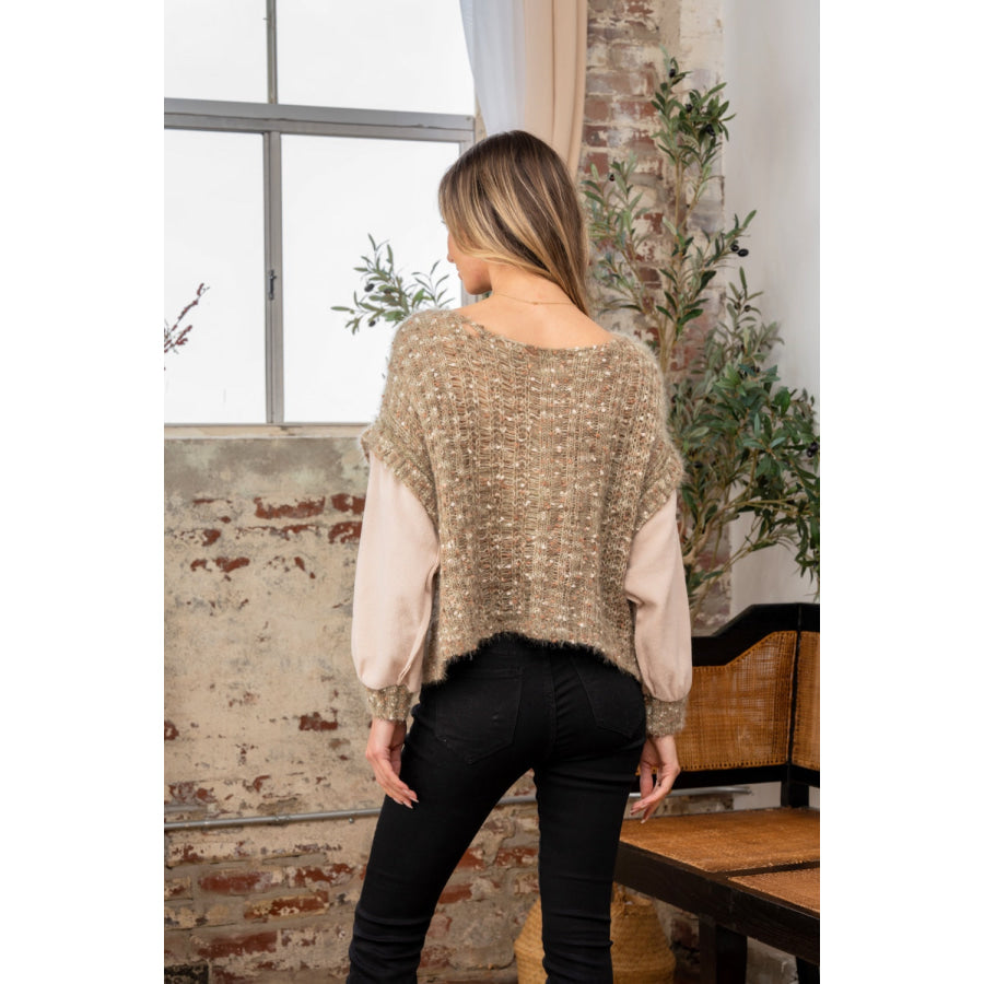 Sew In Love Full Size Fuzzy Long Sleeve Knit Top Olive / S Apparel and Accessories