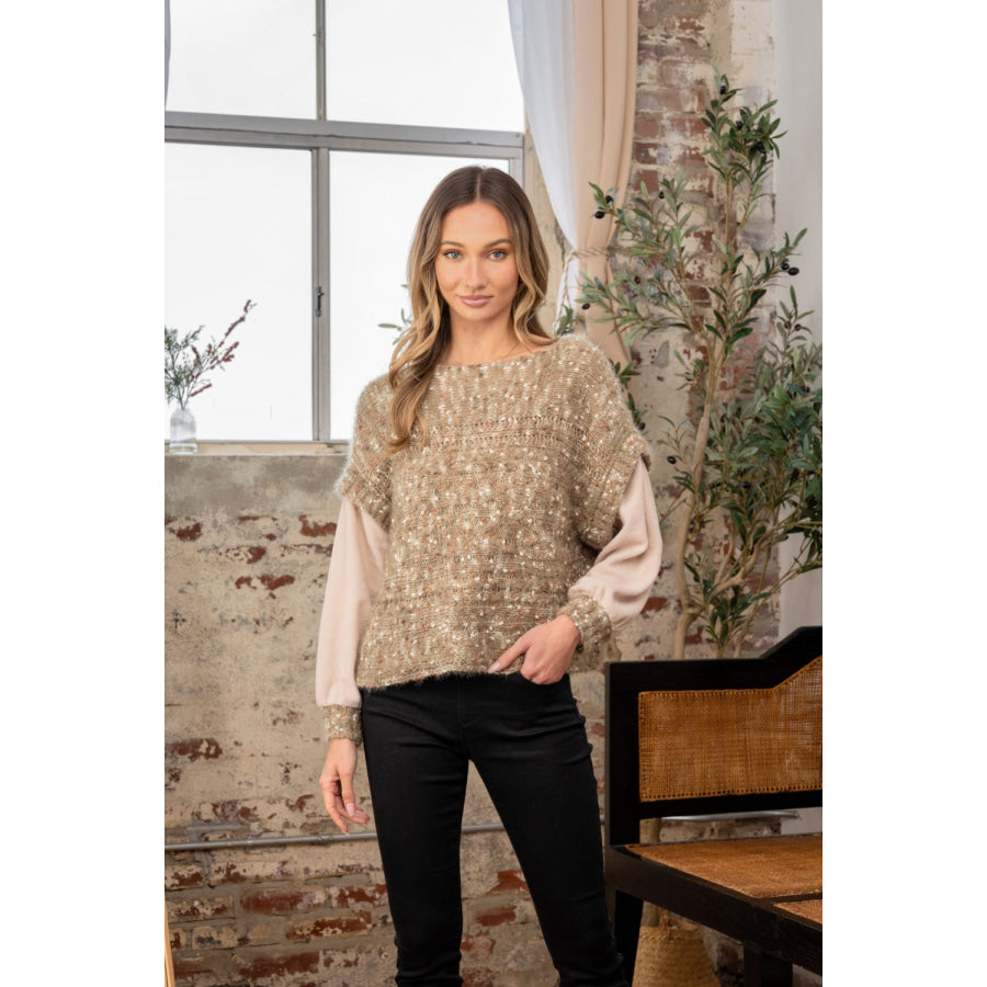 Sew In Love Full Size Fuzzy Long Sleeve Knit Top Olive / S Apparel and Accessories