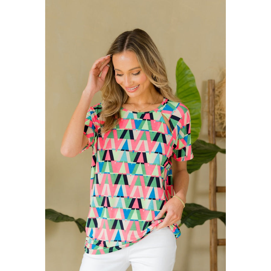 Sew In Love Full Size Geometric Round Neck Top Green/N.Pink / S Apparel and Accessories