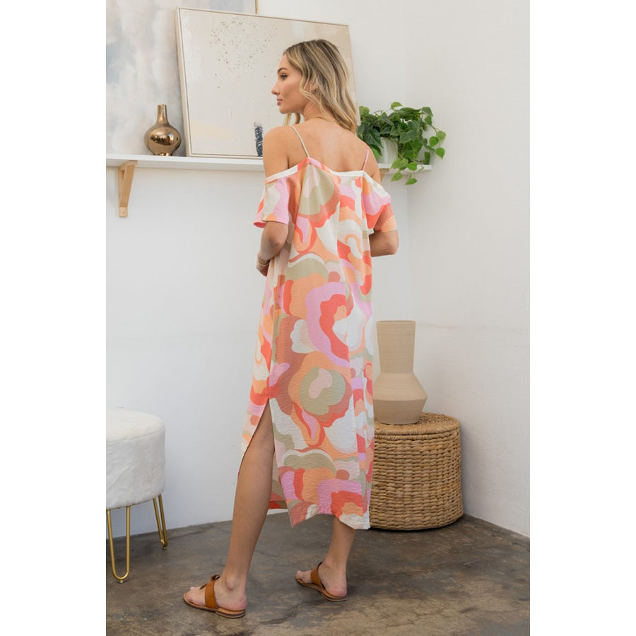 Sew In Love Full Size Printed Side Slit Midi Dress Coral/Pink / S Apparel and Accessories