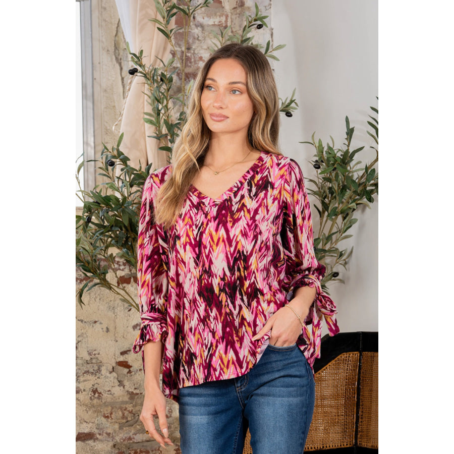 Sew In Love Full Size Printed V-Neck Blouse with Sleeve Knot Apparel and Accessories