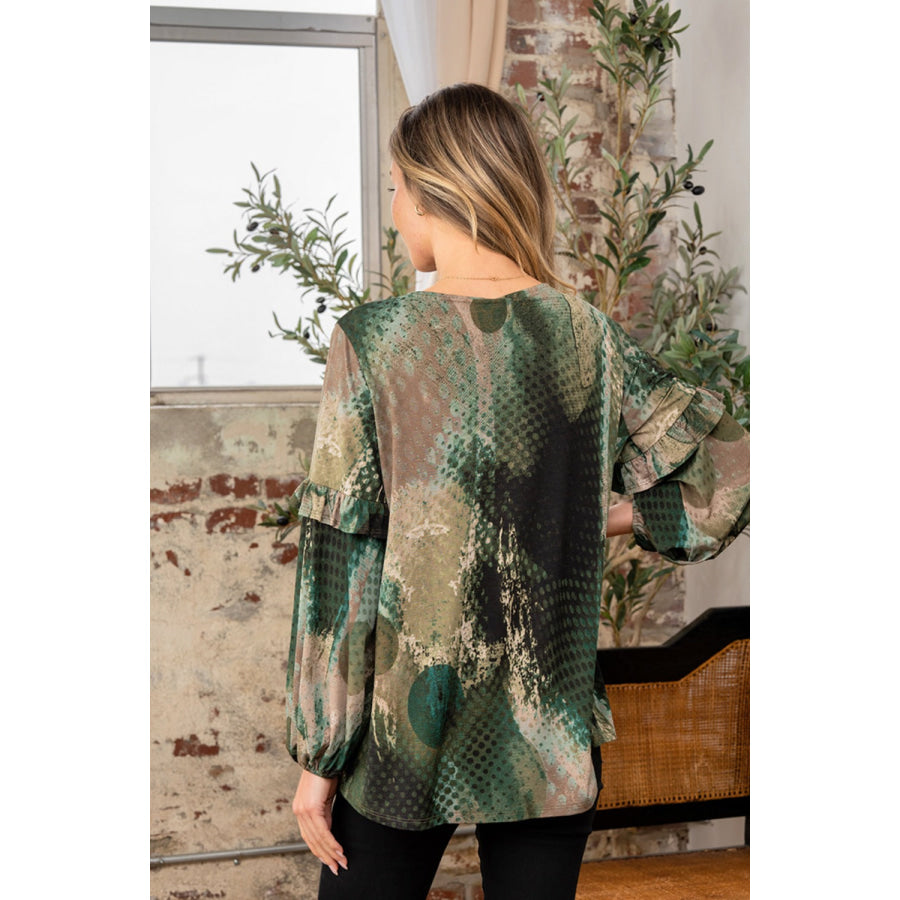 Sew In Love Full Size Snakeskin Print Long Sleeve Top with Ruffle Olive / S Apparel and Accessories