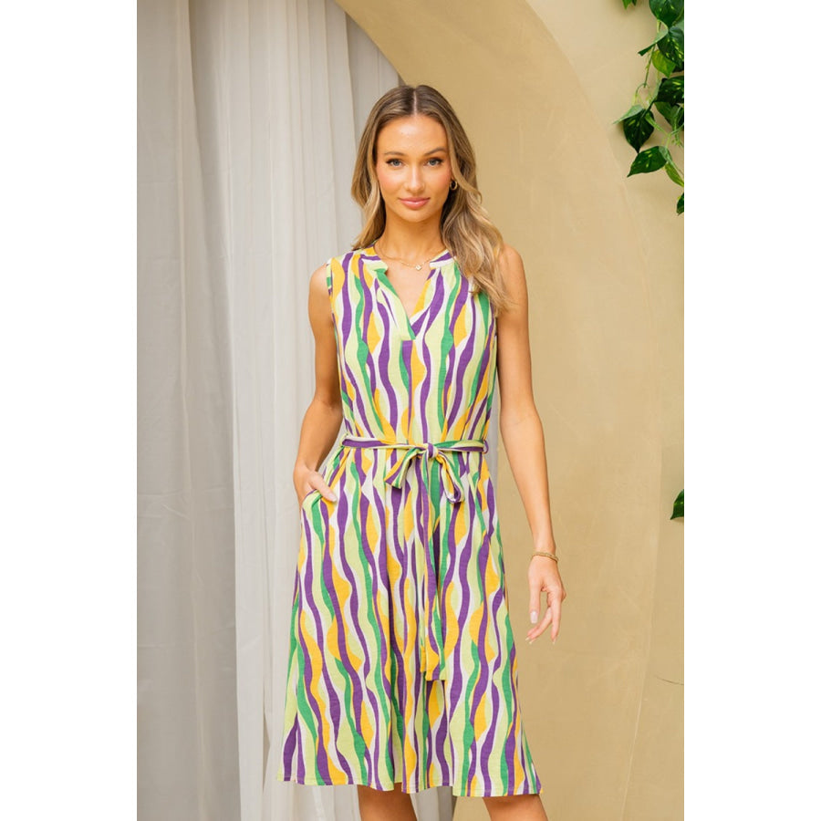 Sew In Love Full Size Stripe Tied Sleeveless Dress with Side Pockets Green/Purple / S Apparel and Accessories