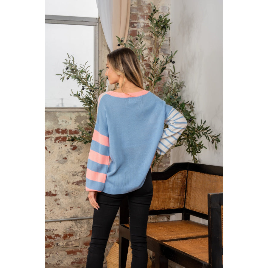 Sew In Love Full Size Striped Dropped Shoulder Sweater N.Coral Denim / S Apparel and Accessories