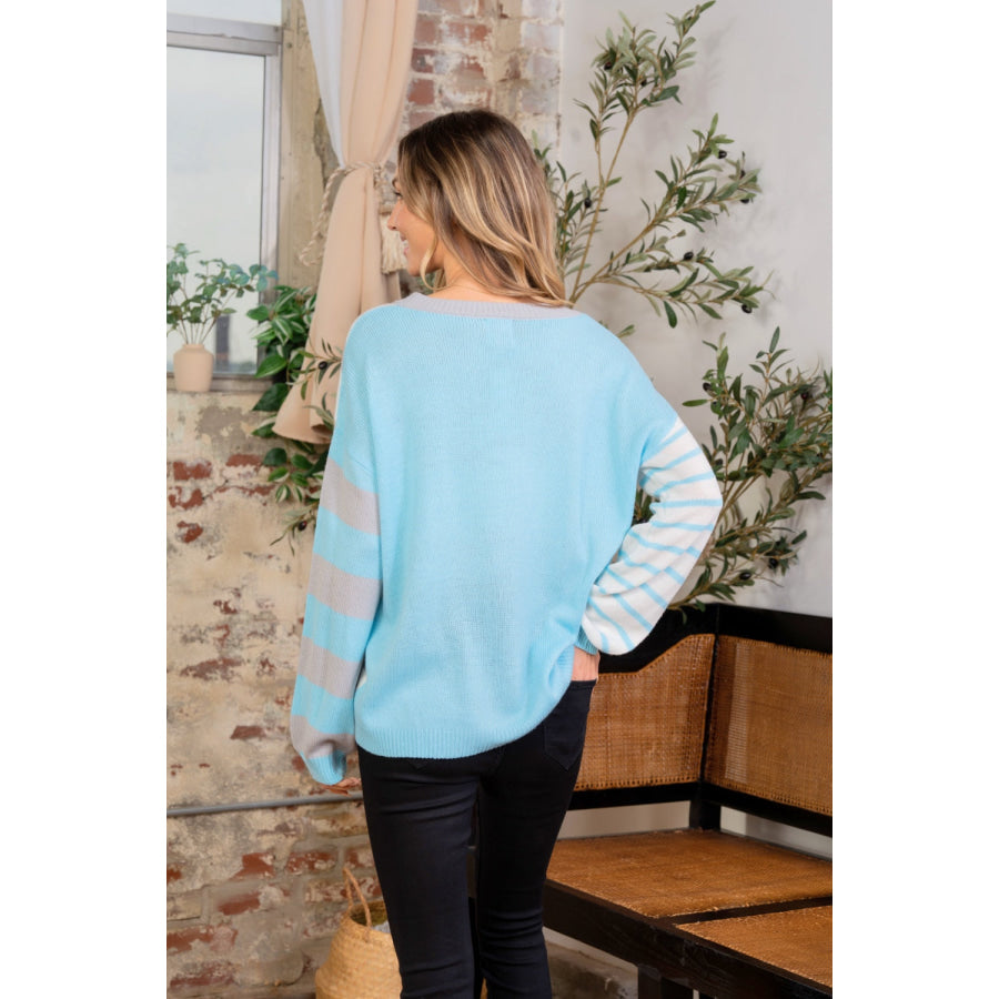 Sew In Love Full Size Striped Dropped Shoulder Sweater Blue/Mint / S Apparel and Accessories