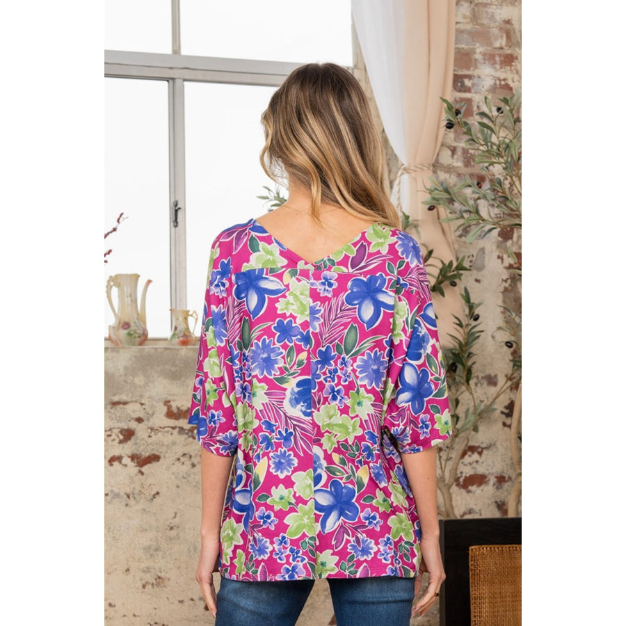 Sew In Love Full Size V-Neck Floral Half Sleeve Top Apparel and Accessories