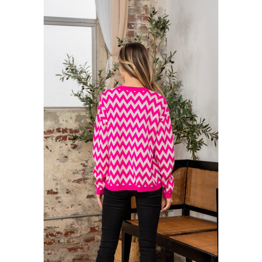 Sew In Love Full Size Wave Stripe Contrast Long Sleeve Sweater Fuchsia/ Ivory / S Apparel and Accessories