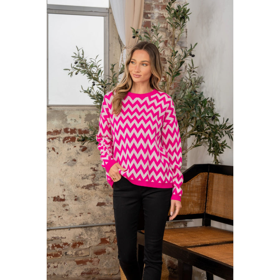 Sew In Love Full Size Wave Stripe Contrast Long Sleeve Sweater Fuchsia/ Ivory / S Apparel and Accessories