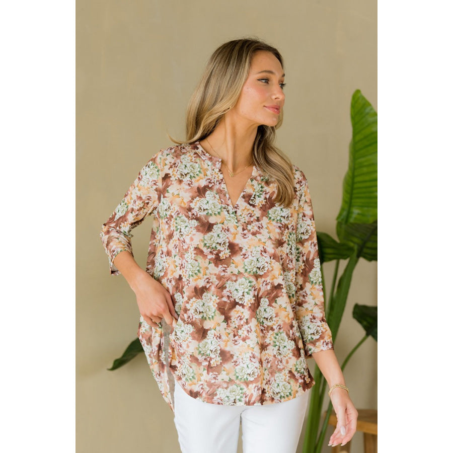 Sew In Love Full Size Wrinkle-Free Floral Notched Top Apparel and Accessories