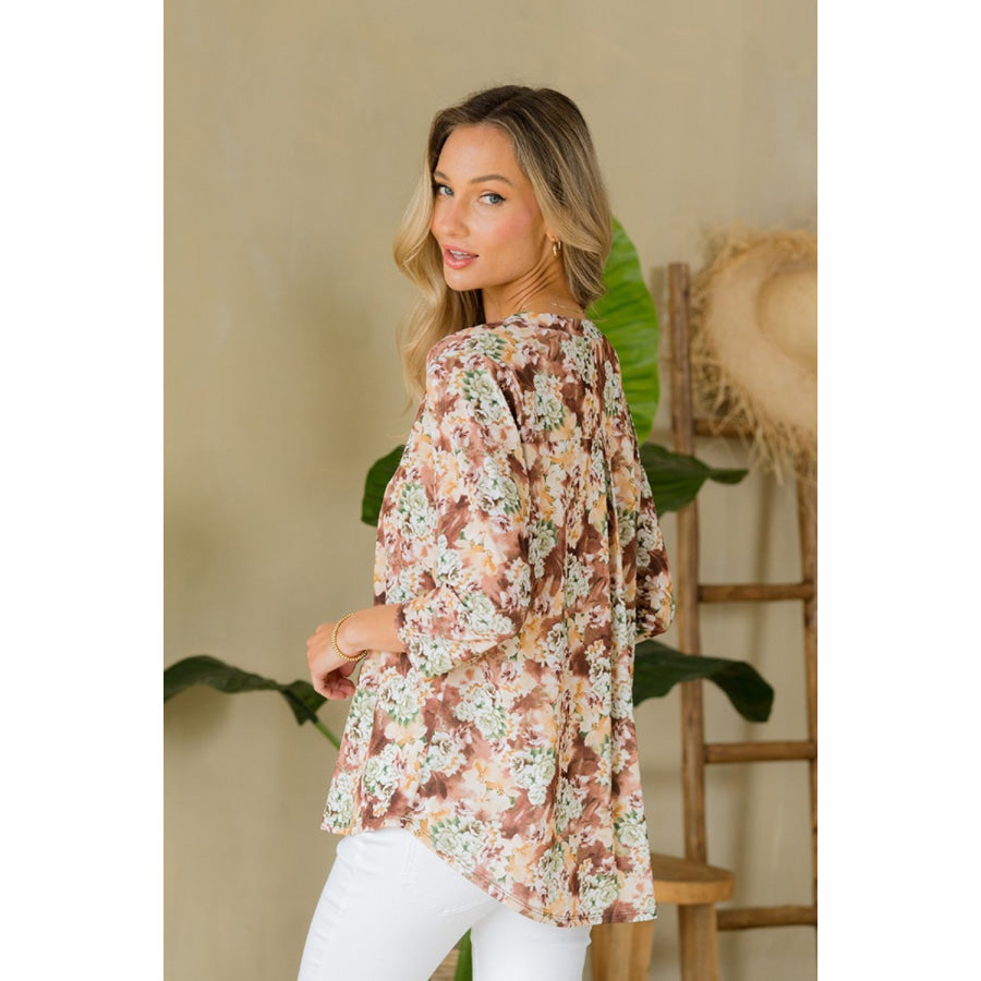 Sew In Love Full Size Wrinkle-Free Floral Notched Top Brown/Olive / S Apparel and Accessories