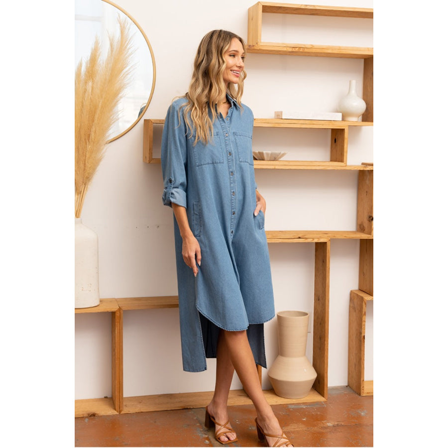 Sew In Love High - Low Button Up Roll - Tab Sleeve Denim Dress Apparel and Accessories