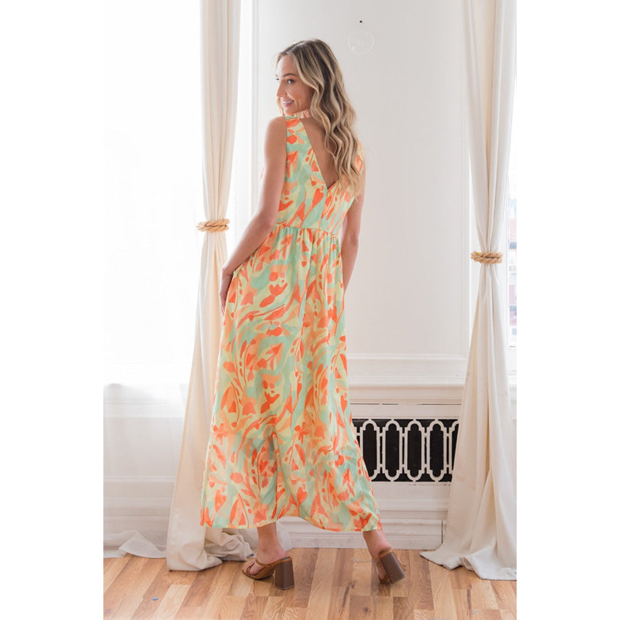 Sew In Love Printed V - Neck Sleeveless Dress LIME/ORANGE / S Apparel and Accessories