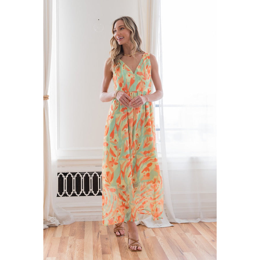 Sew In Love Printed V - Neck Sleeveless Dress LIME/ORANGE / S Apparel and Accessories