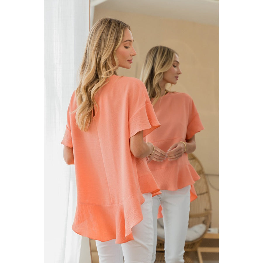 Sew In Love Round Neck Ruffled Top Coral / S Apparel and Accessories