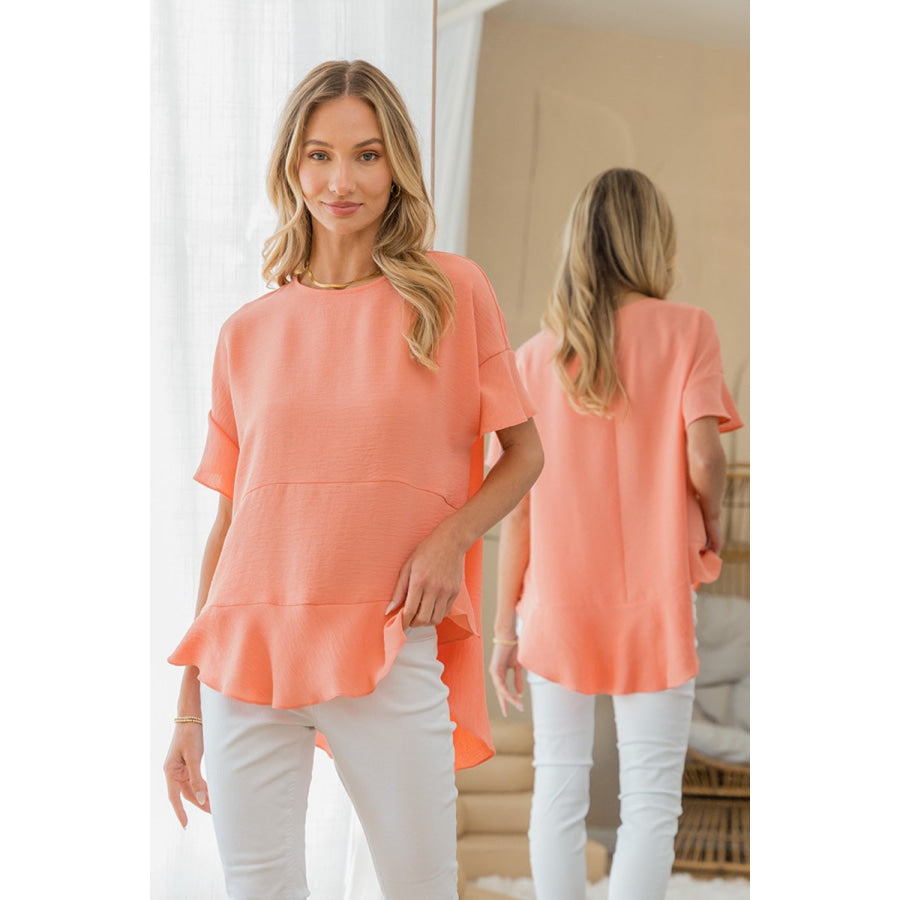 Sew In Love Round Neck Ruffled Top Coral / S Apparel and Accessories