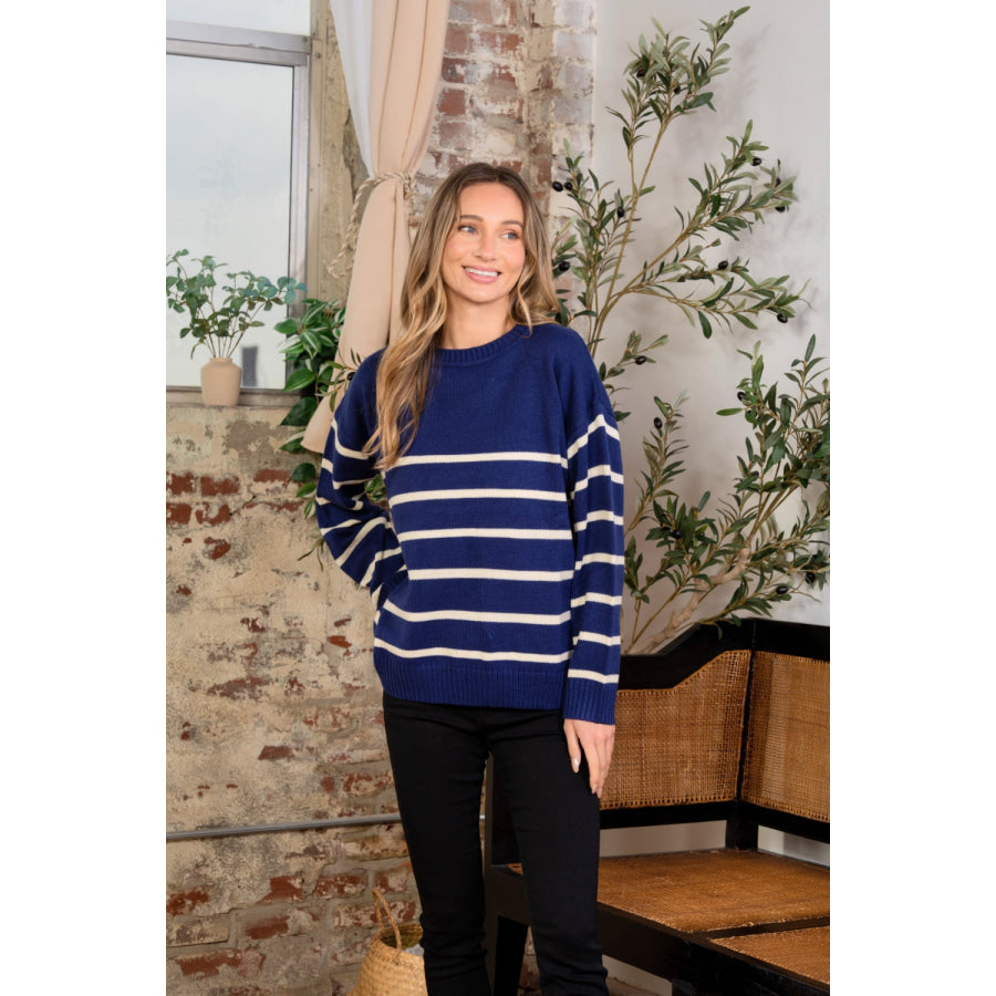 Sew In Love Striped Round Neck Sweater Navy/ Ivory / S Apparel and Accessories