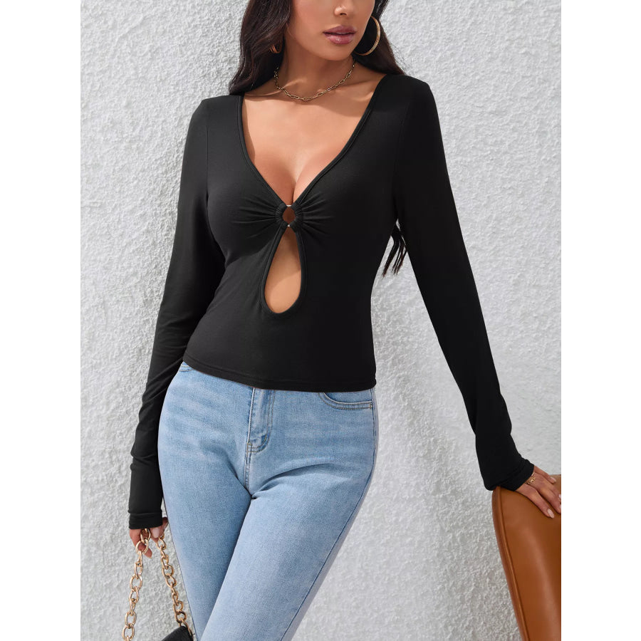 Sexy V-Neck O-Ring Cutout Long Sleeve T-Shirt Black / S