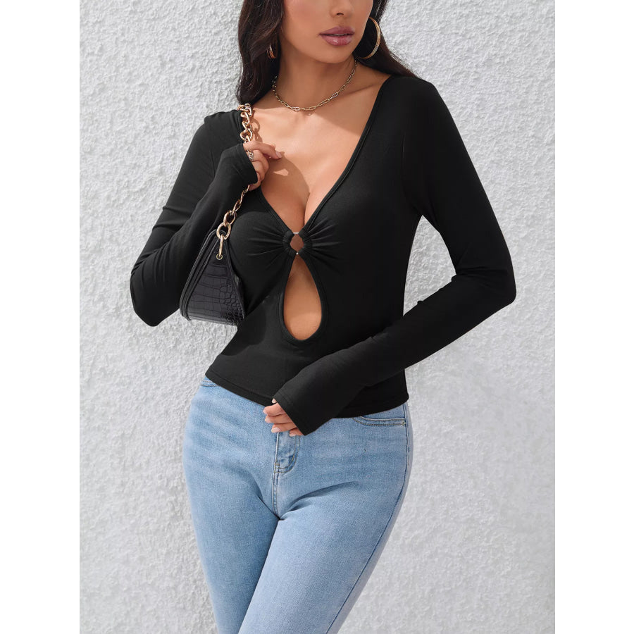 Sexy V-Neck O-Ring Cutout Long Sleeve T-Shirt