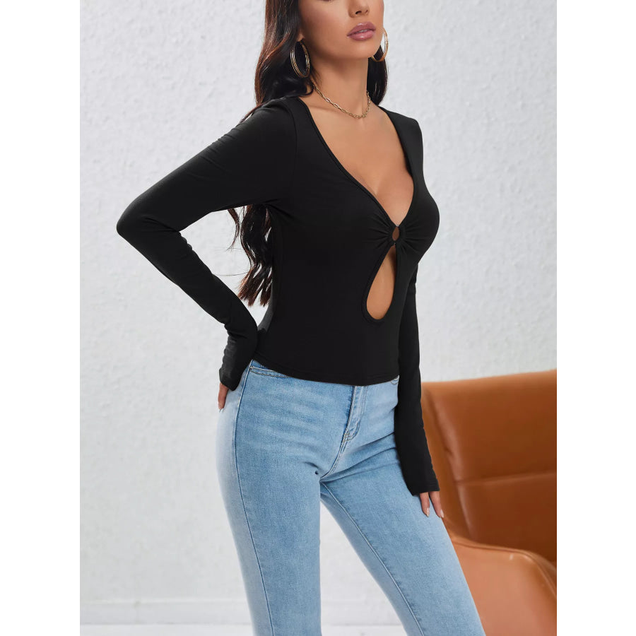 Sexy V-Neck O-Ring Cutout Long Sleeve T-Shirt