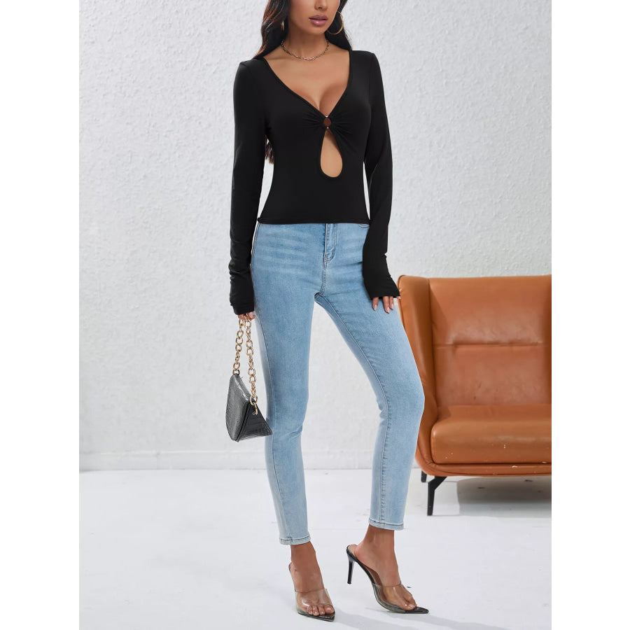 Sexy V-Neck O-Ring Cutout Long Sleeve T-Shirt
