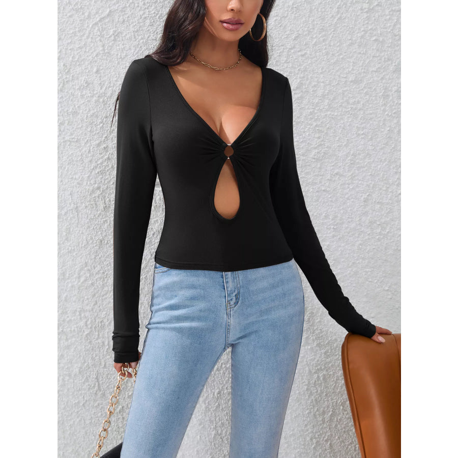 Sexy V-Neck O-Ring Cutout Long Sleeve T-Shirt