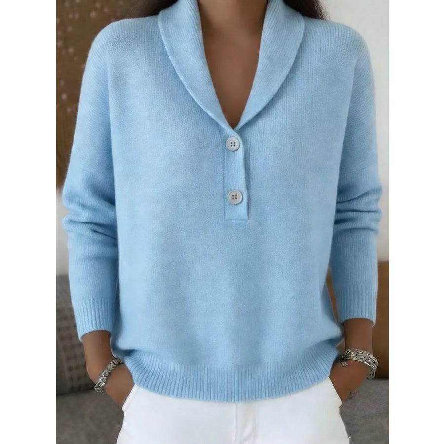 Shawl Collar Button Detail Sweater Light Blue / S