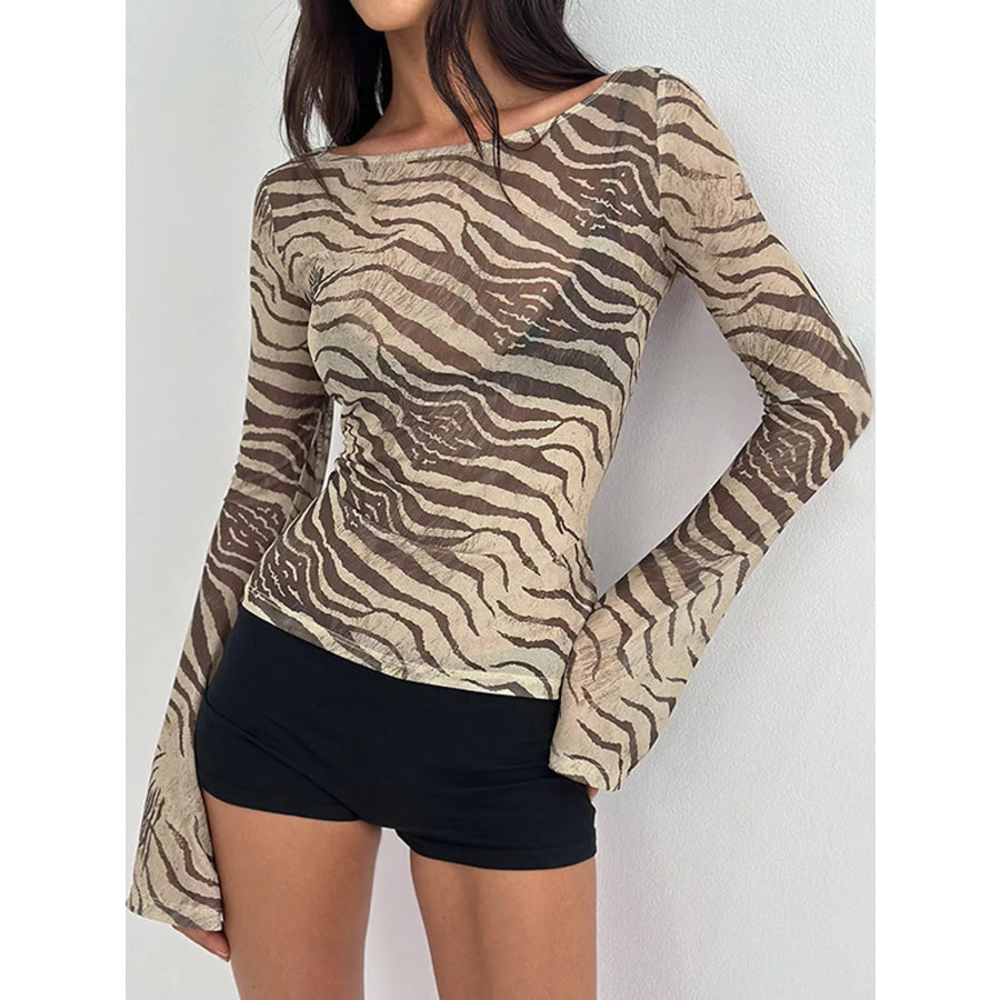 Sheer Animal print Long Sleeve Flare T-Shirt Apparel and Accessories