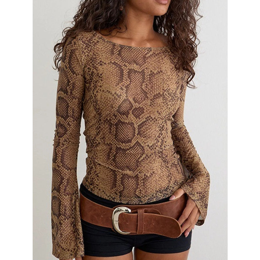 Sheer Animal print Long Sleeve Flare T-Shirt Apparel and Accessories
