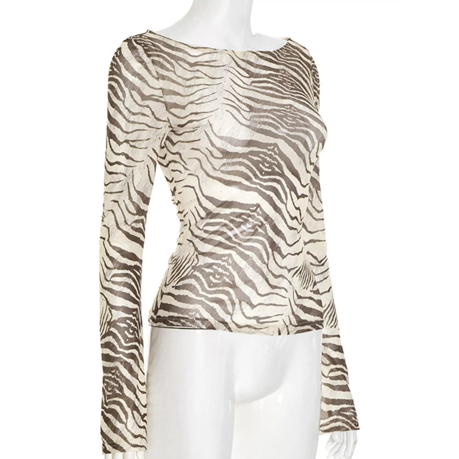 Sheer Animal print Long Sleeve Flare T-Shirt Apparel and Accessories