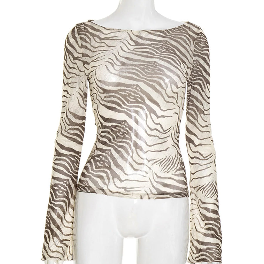 Sheer Animal print Long Sleeve Flare T-Shirt Apparel and Accessories
