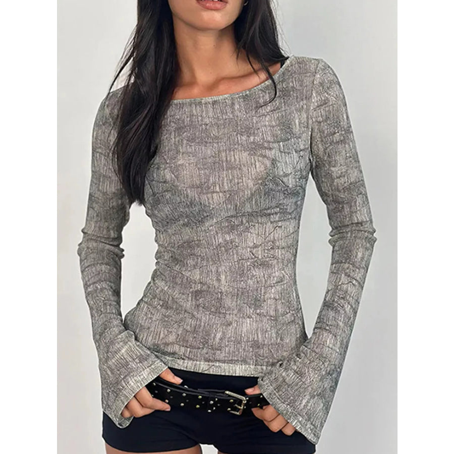 Sheer Animal print Long Sleeve Flare T-Shirt Gray / S Apparel and Accessories
