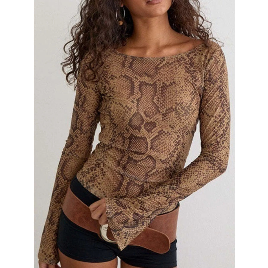 Sheer Animal print Long Sleeve Flare T-Shirt Snake Pattern / S Apparel and Accessories