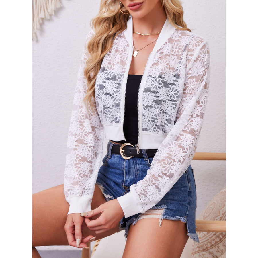 Sheer Baseball Collar Zip Up Jacket White / S Apparel and Accessories