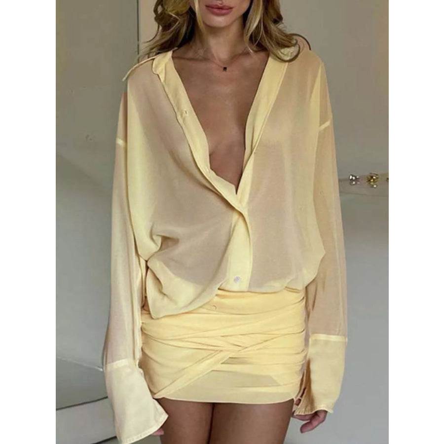 Sheer Button-Down Mini Shirt Dress with Back Tie Apparel and Accessories
