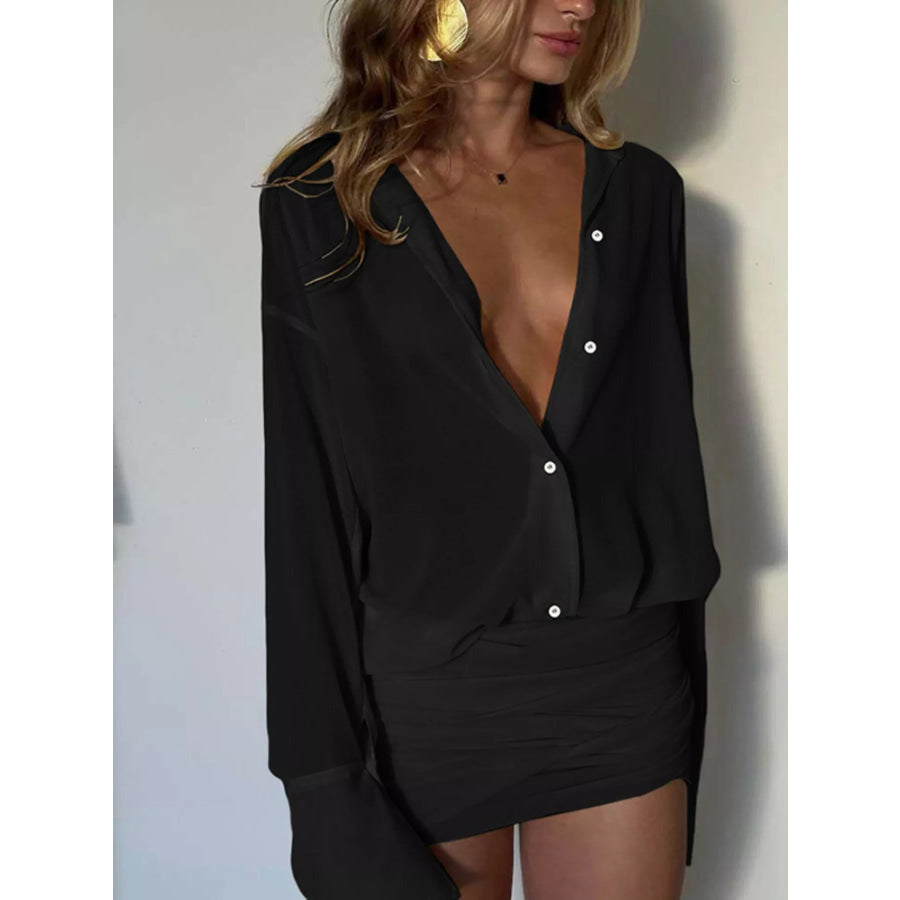 Sheer Button-Down Mini Shirt Dress with Back Tie Black / S Apparel and Accessories