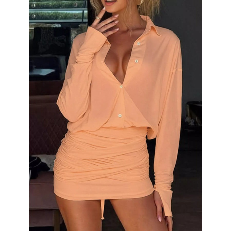 Sheer Button-Down Mini Shirt Dress with Back Tie Sherbet / S Apparel and Accessories